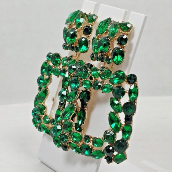 Gold Tone Metal Green Plastic Rhinestone Opulent Chandelier Earrings Square Drop - Picture 7 of 16